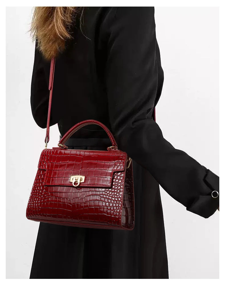 New Lacquer Skin Crocodile Pattern Women's Handbag Top Layer Cowhide Styled High Grade Single Shoulder Crossbody Bag