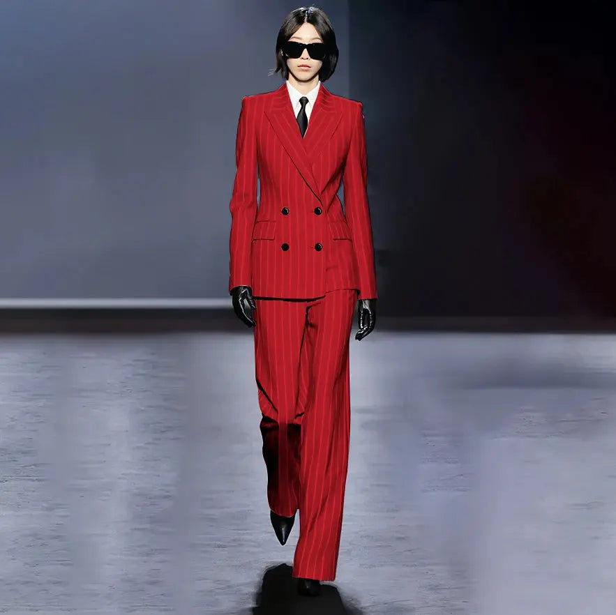 Dark Blue Stripes Women Suit Customized Double-breasted Peak Lapel Two Pieces(Jacket+Pants) Business Office Lady Competent Set JNi3 shop