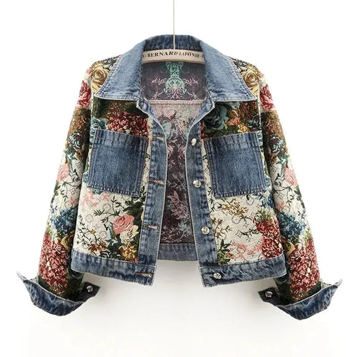 2025 Autumn New Versatile Printed Splicing Long Sleeve Collar Cowboy Jacket for Women, Short and Small Top Jacket Women JNi3 shop