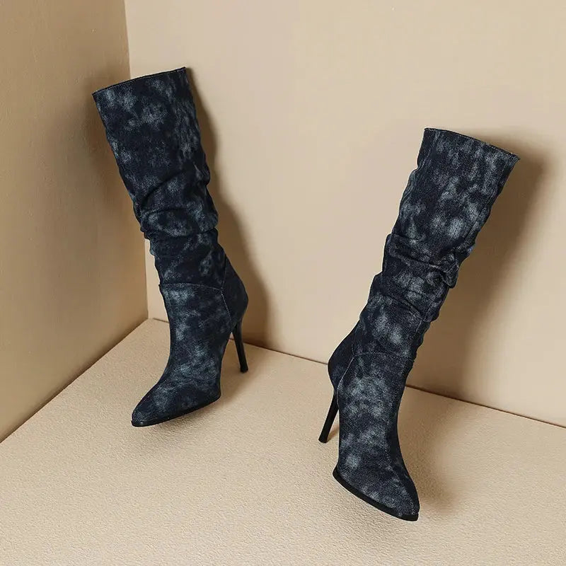Blue Denim Knee High Cowboy Boots for Women 2025 Autumn Pleated High Heels Long Boots Woman Stiletto Heeled Jeans Botas Shoes JNi3 shop