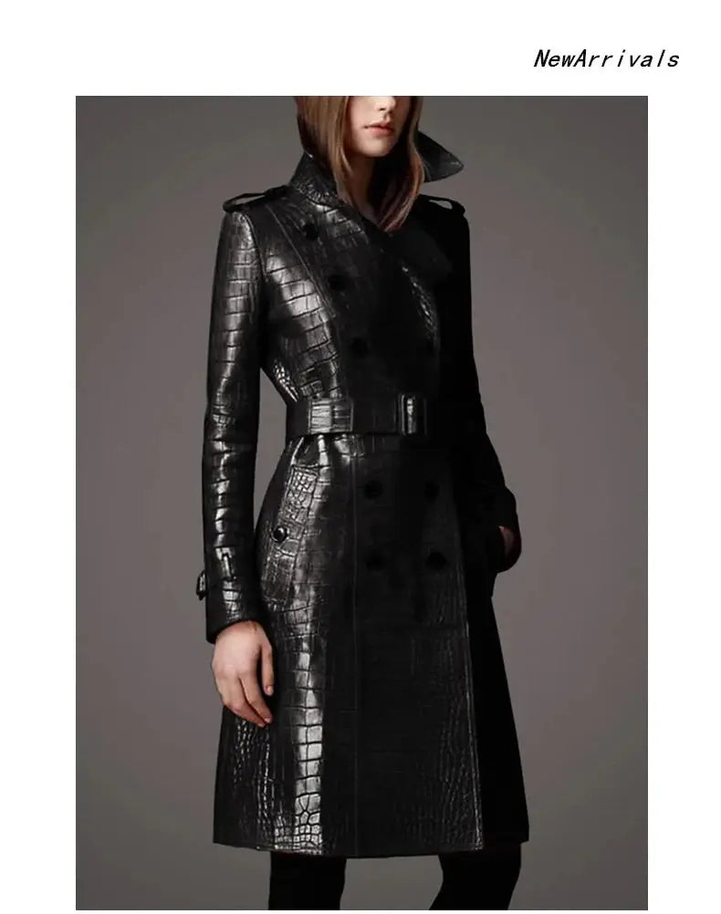 Lautaro Autumn Long Red Crocodile Print Leather Trench Coat for Women Belt Double Breasted Elegant British Style JNi3 shop