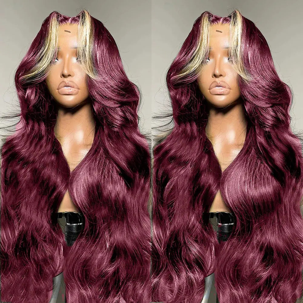 Colored Highlight Hd Transparent Body Wave Lace Front Wigs Omber Blonde With Burgundy Red Human Hair Wigs Brazilian JNi3 shop