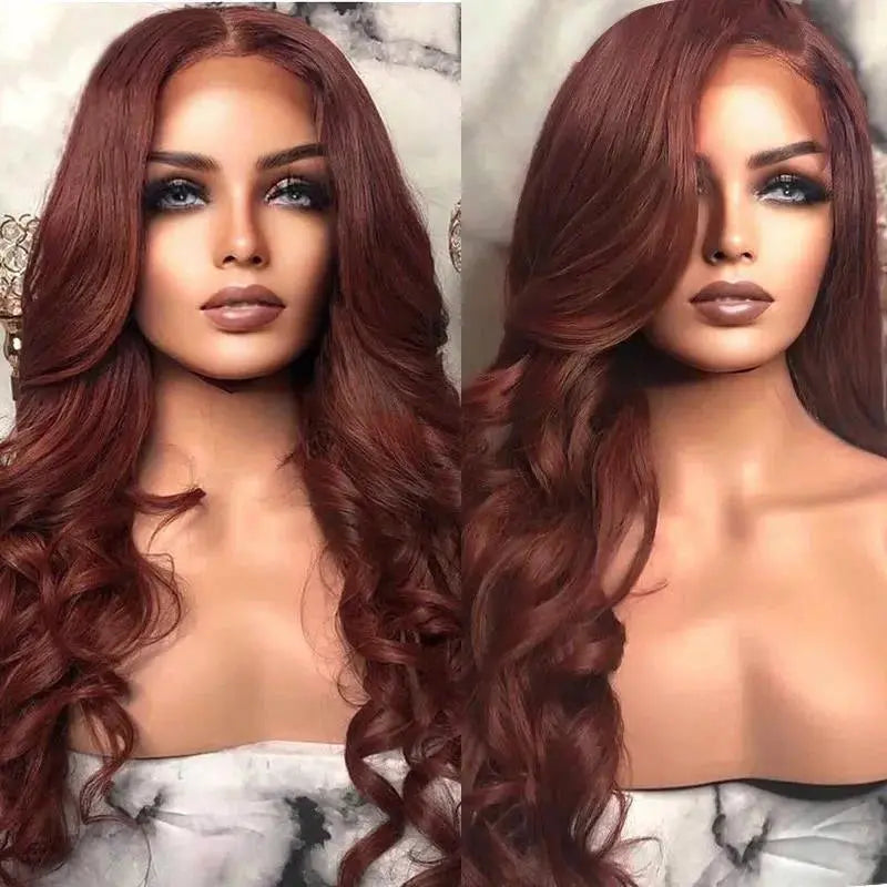 13x6 Reddish Brown Women's Wigs Synthetic Lace Front Wig Red Body Wave Lace Frontal Wig Glueless Pre Plucked With Baby Hair Wig JNi3 shop