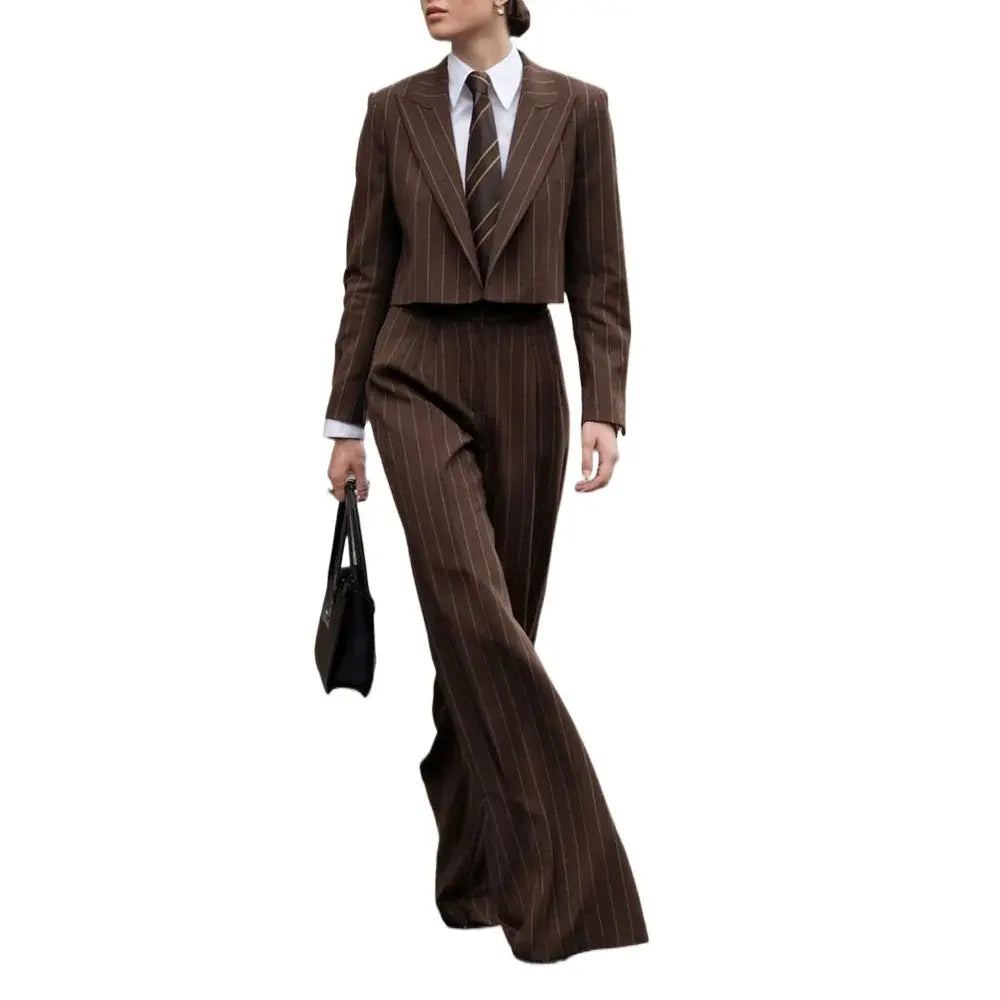2025 Spring Office Outfits For Women Brown Pinstripe 2 Piecs Suits Short Blazer Pants Work Commute Social Party Suits JNi3 shop