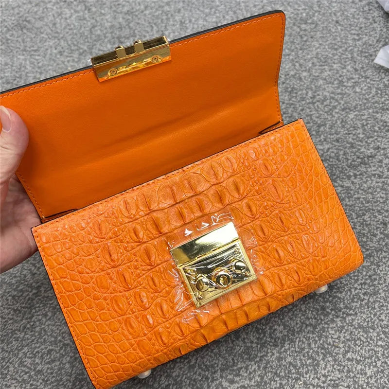 Genuine Alligator Skin Key Lock Closure Lady Small Green Handbag Authentic Crocodile Leather Women Flap Purse Cross Shoulder Bag