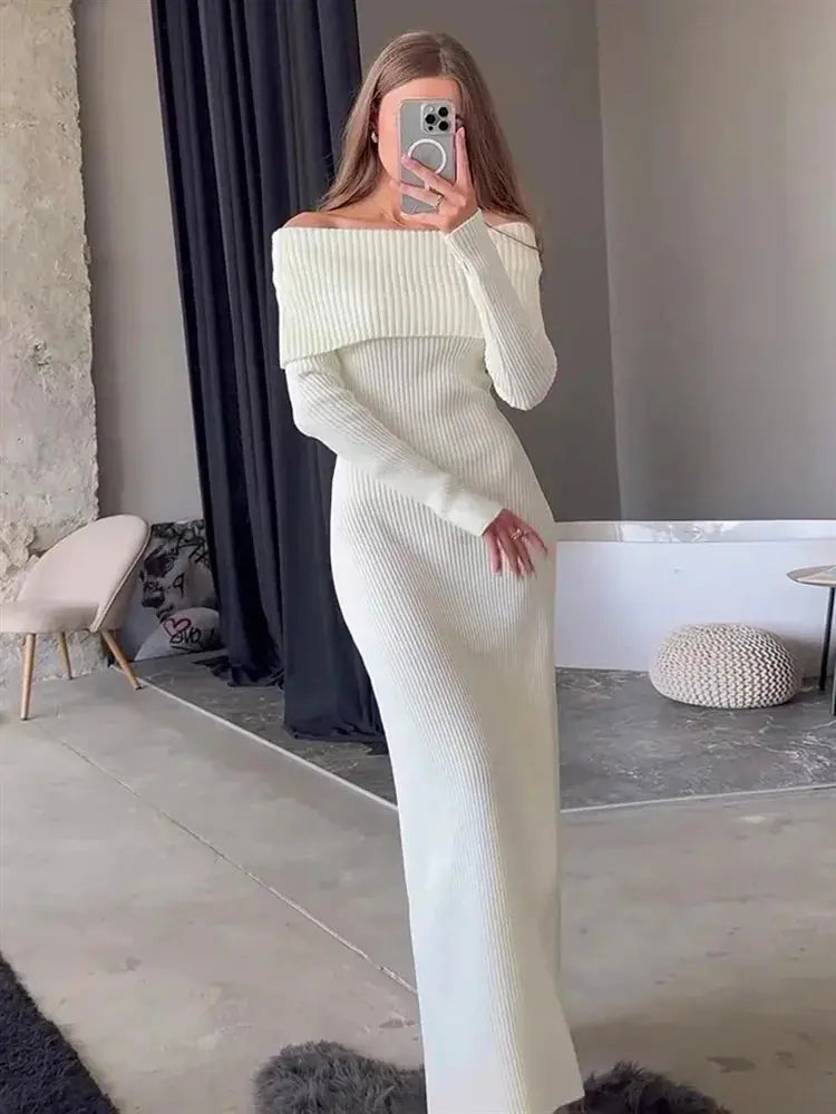 Tossy Fashion Knit Long Dress Off-Shoulder Female Ribbed Loose High Waist Elegant Autumn Party Dress Ladies Knitwear Maxi Dress JNi3 shop