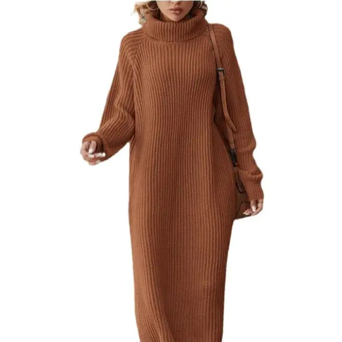 Winter New Women's Fashion Temperament Elegant Slim Fit Coat Long Woolen Dress Loose Casual High Neck Knitted Dress JNi3 shop