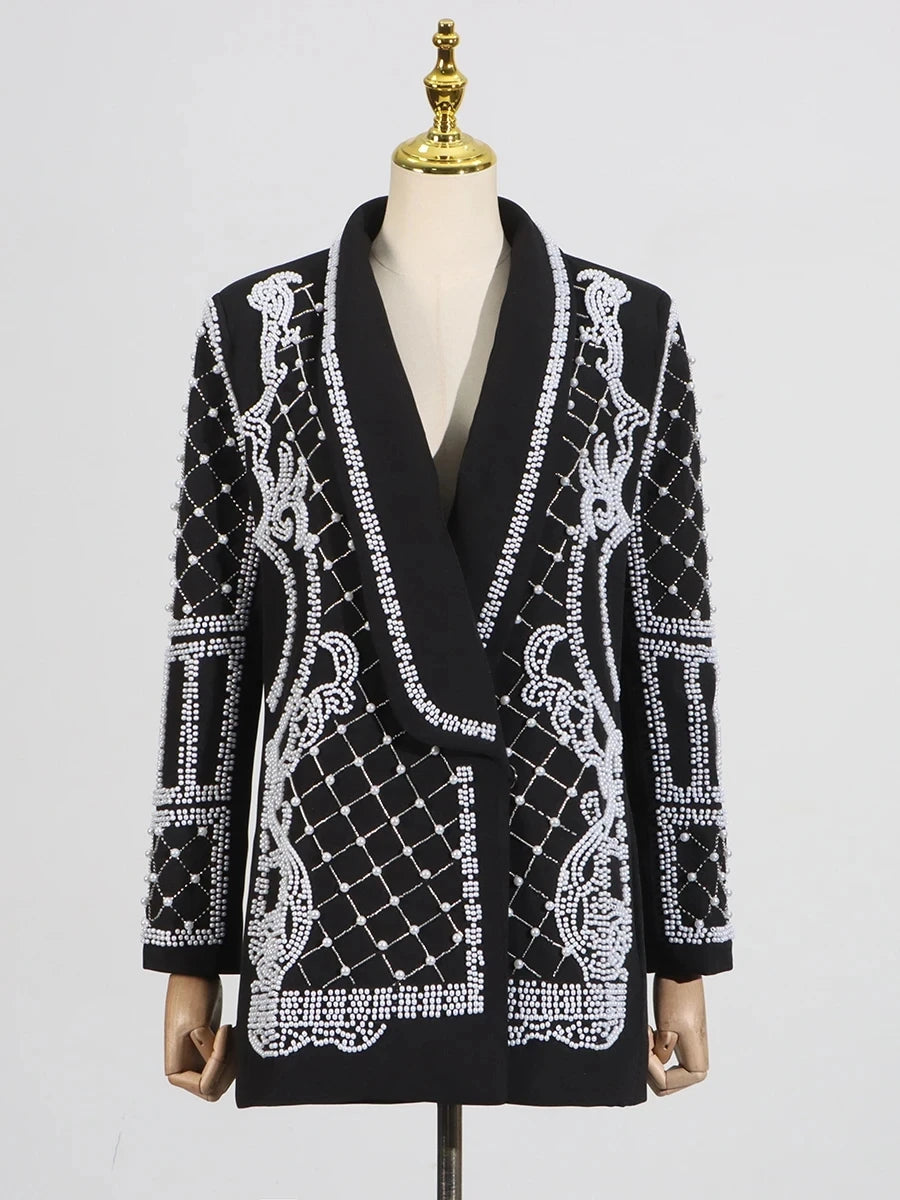 GALCAUR Solid Slimming Spliced Bead Blazer for Women Lapel Long Sleeves Patchwork Single Botton Fashion Coat Female Clothing New