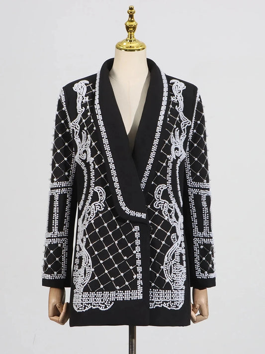 GALCAUR Solid Slimming Spliced Bead Blazer for Women Lapel Long Sleeves Patchwork Single Botton Fashion Coat Female Clothing New