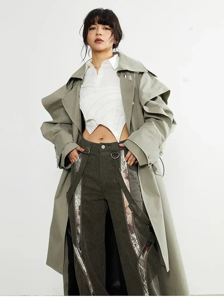 Mauroicardi Spring Long Oversized Elegant Ruffled Trench Coat for Women Double Breasted Luxury Designer Overcoat Runway Fashion JNi3 shop