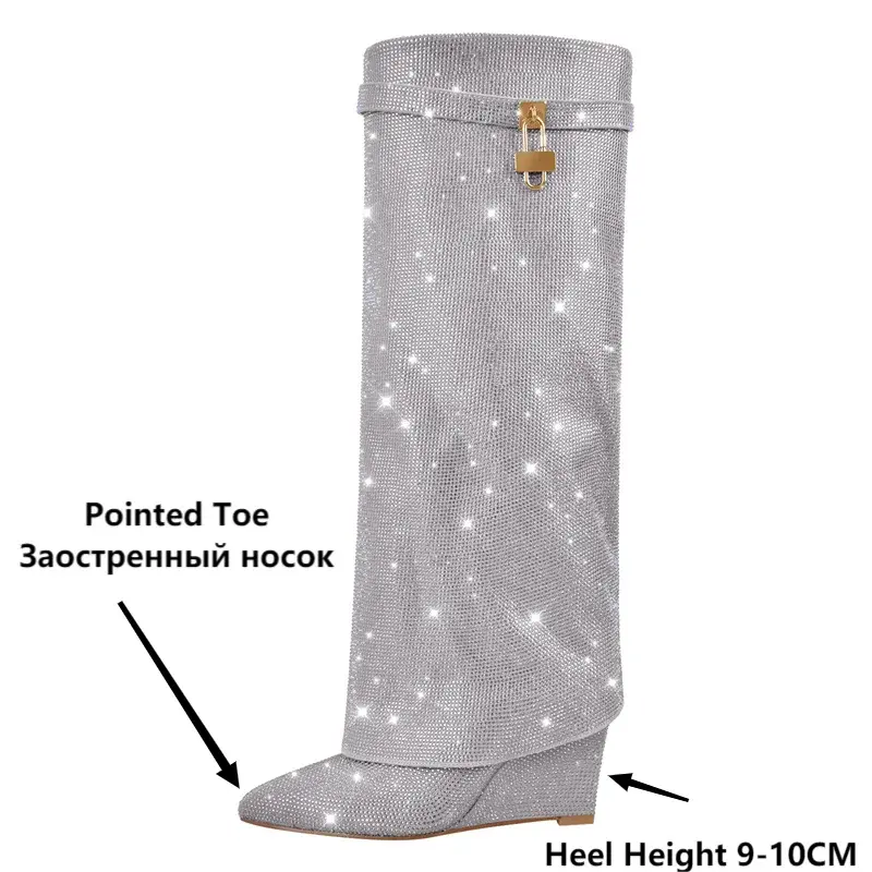 Onlymaker Women Rhinestones Knee High Boots Sexy Party Dress Wedding Shark Lock Bling Buckle Pointed Toe Boots JNi3 shop