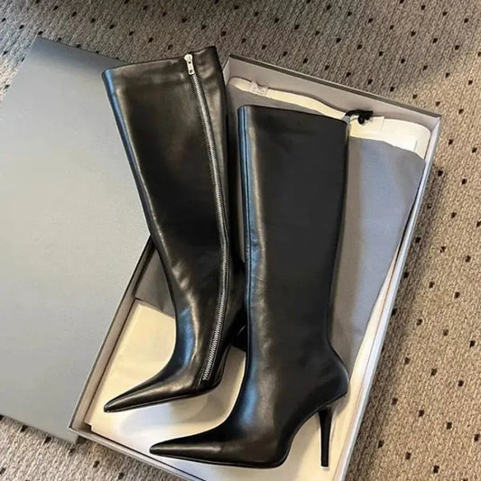 2025 Autumn And Winter New European Pointed High Boots Female Slim Heel Slim Side Zipper Motorcycle Boots High Heel Boots JNi3 shop