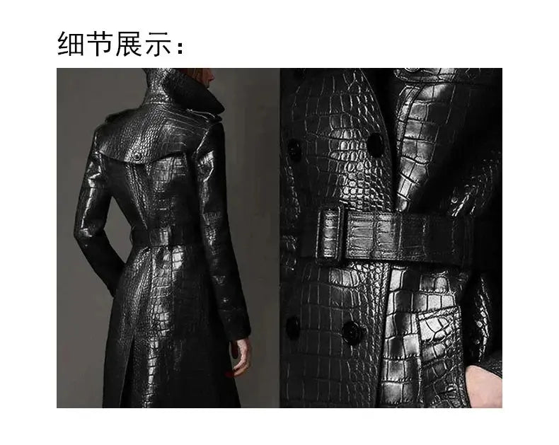 Lautaro Autumn Long Red Crocodile Print Leather Trench Coat for Women Belt Double Breasted Elegant British Style JNi3 shop