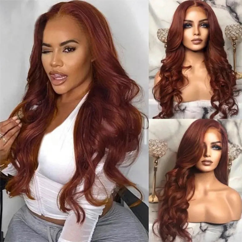 13x6 Reddish Brown Women's Wigs Synthetic Lace Front Wig Red Body Wave Lace Frontal Wig Glueless Pre Plucked With Baby Hair Wig JNi3 shop