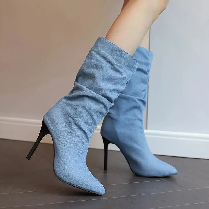 2024 New Plus Size Pointed Toe Ultra-High Slim Heel TPR Sole Light Blue Denim Mid –Calf Boots Pleated Plush Lining Sexy Boots JNi3 shop