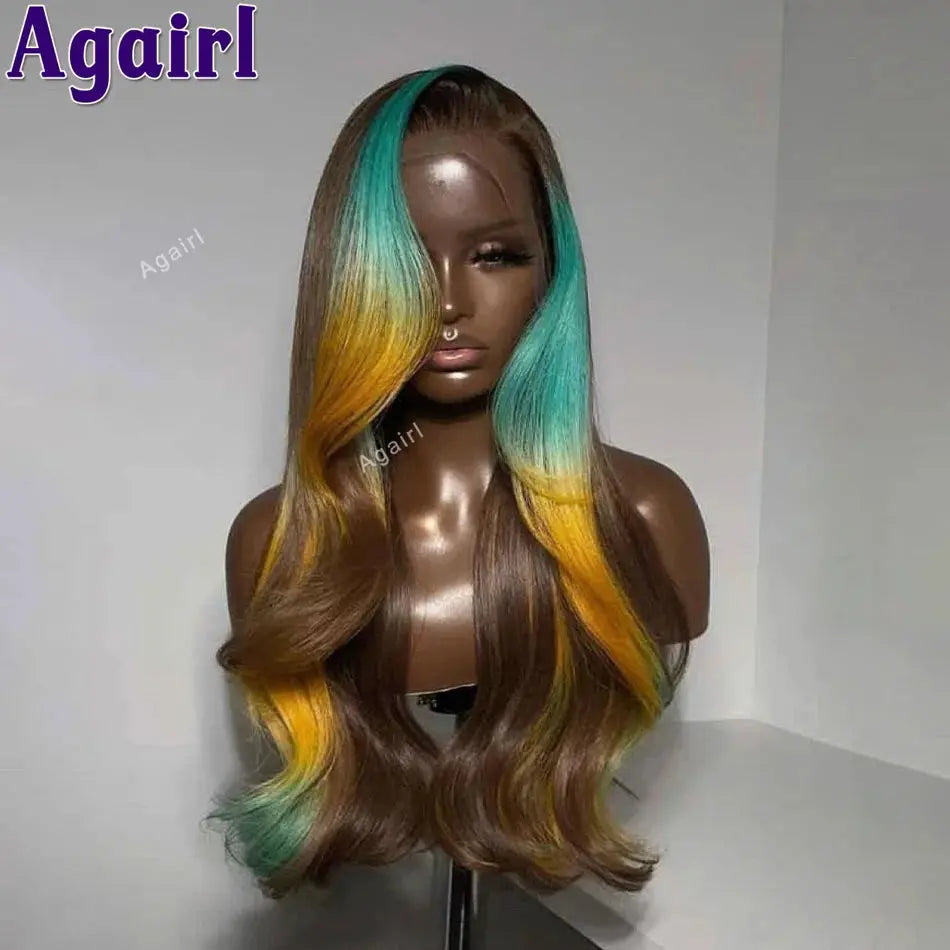 Highlights Ombre Blue Yellow 613 Colored Lace Closure Body Wave Wigs 13x6 Lace Frontal Human Hair Wigs Pre Plucked 200% JNi3 shop