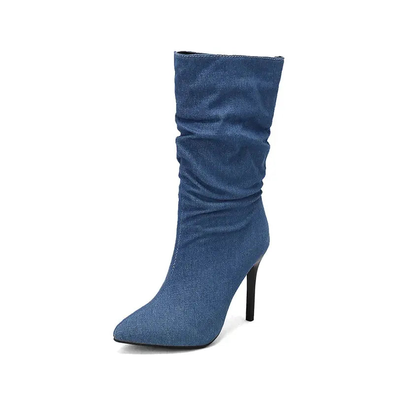 2024 New Plus Size Pointed Toe Ultra-High Slim Heel TPR Sole Light Blue Denim Mid –Calf Boots Pleated Plush Lining Sexy Boots JNi3 shop