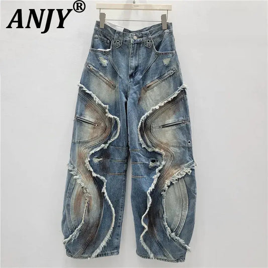 ANJY Autumn Winter New Women American Spicy Girl Patchwork Lace-up Cargo Jeans Fashion Washed Curved Mud-dyed Denim Pants A11682 JNi3 shop