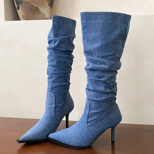 Eilyken New Sexy Thin Heels Pointed Toe Women Knee High Boots Autumn Winter Shoes 2026 High Quality Denim Zapatos Mujer JNi3 shop