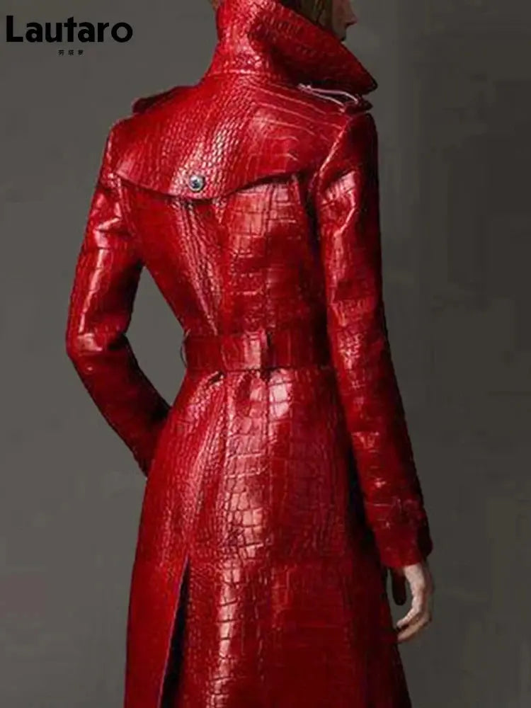 Lautaro Autumn Long Red Crocodile Print Leather Trench Coat for Women Belt Double Breasted Elegant British Style JNi3 shop