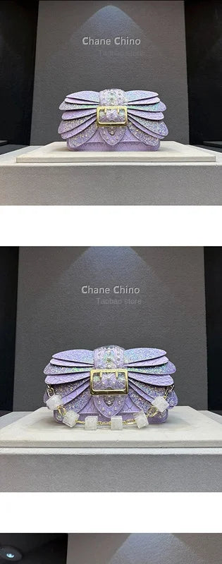 Pearl Rivets Wings Women Bag Genuine Leather Trendy Handbags Lady Small Square Shoulder Messenger Sequin Bags