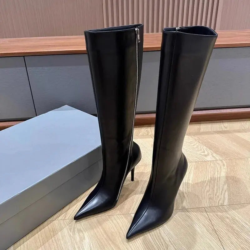 2025 Autumn And Winter New European Pointed High Boots Female Slim Heel Slim Side Zipper Motorcycle Boots High Heel Boots JNi3 shop