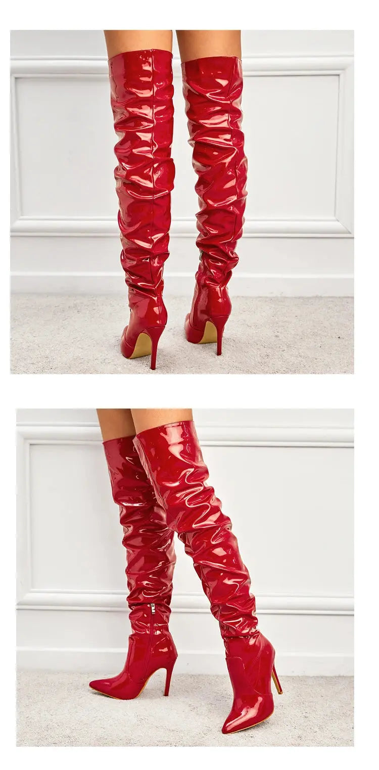 Eilyken Red Women Over The Knee Boots High Heels Patent Leather Solid Pointed Toe Stiletto Side Zipper Sapatos Femininos JNi3 shop
