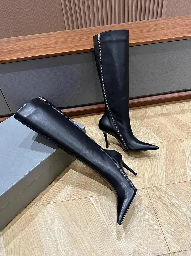 2025 Autumn And Winter New European Pointed High Boots Female Slim Heel Slim Side Zipper Motorcycle Boots High Heel Boots JNi3 shop