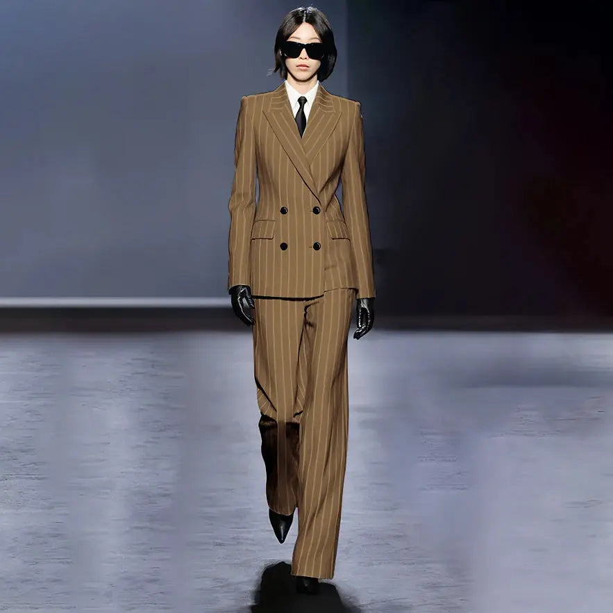 Dark Blue Stripes Women Suit Customized Double-breasted Peak Lapel Two Pieces(Jacket+Pants) Business Office Lady Competent Set JNi3 shop