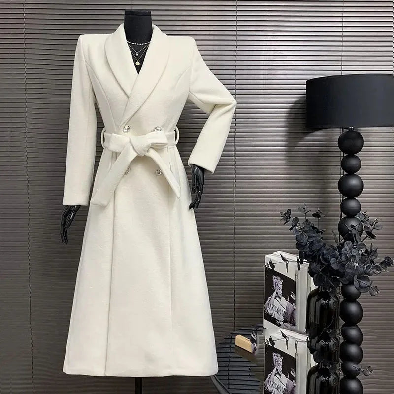 New Elegant White Woolen Coat - Thick Double-Breasted Long Winter/Autumn