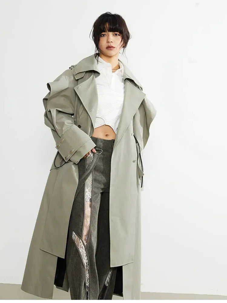 Mauroicardi Spring Long Oversized Elegant Ruffled Trench Coat for Women Double Breasted Luxury Designer Overcoat Runway Fashion JNi3 shop