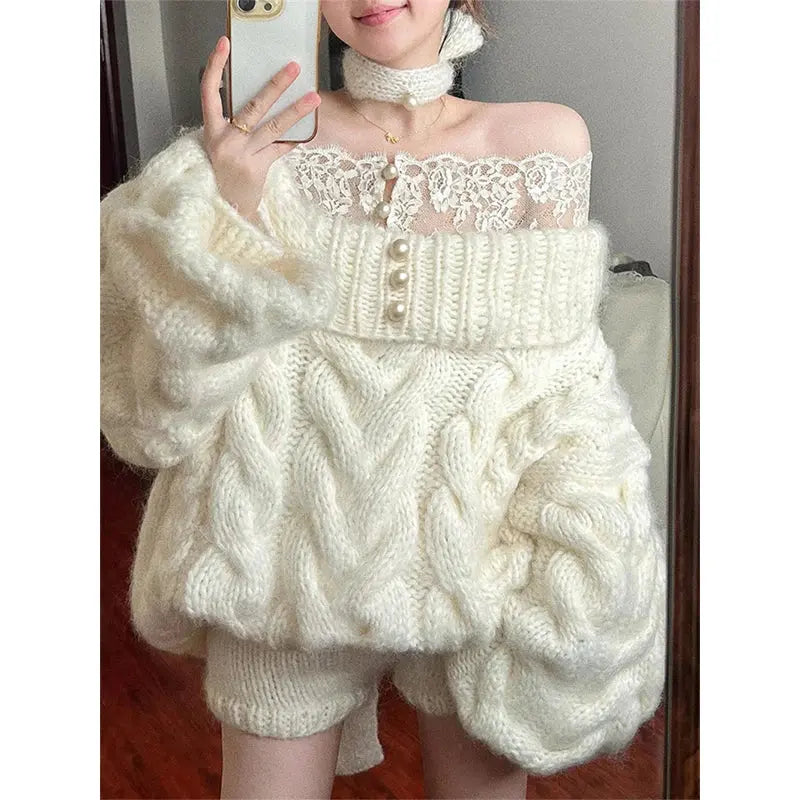 Elegant Slash Neck Sweater Women Fashion Lace Patchwork Knitted Pullovers Korean Oversized Knitwears Winter Long Sleeve Jumpers JNi3 shop