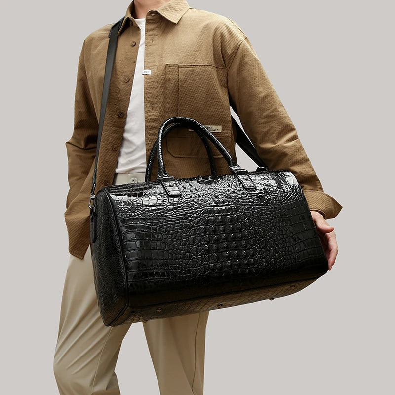 Men’s Luxury Crocodile Pattern Travel Duffel – Large Capacity Glossy Alligator Embossed Weekender & Business Luggage