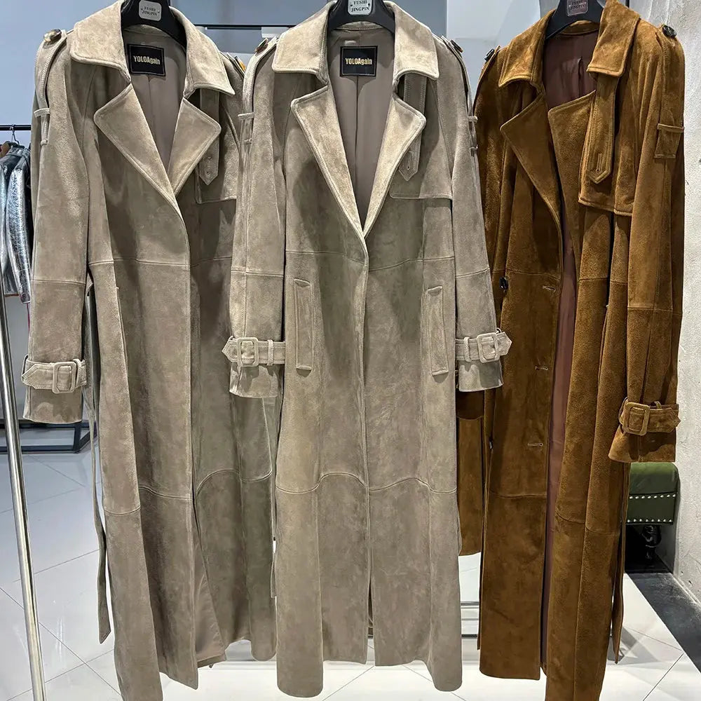 Women's Real Leather Trench Coat Long High Quality Windbreak Oversized JNi3 shop