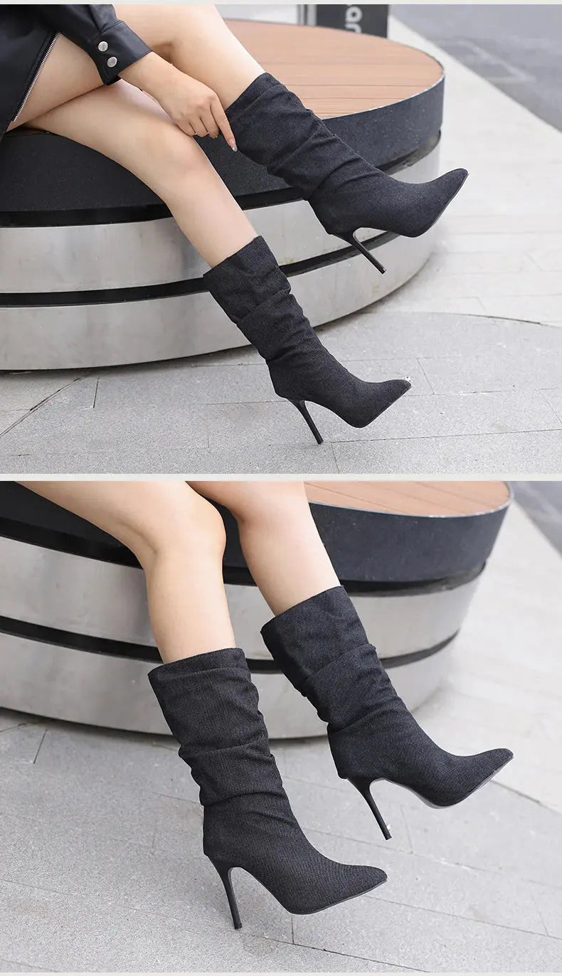 2024 New Plus Size Pointed Toe Ultra-High Slim Heel TPR Sole Light Blue Denim Mid –Calf Boots Pleated Plush Lining Sexy Boots JNi3 shop