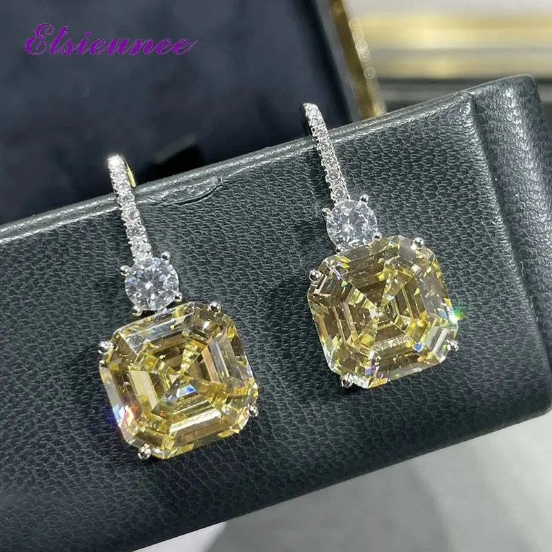ELSIEUNEE 100% 925 Strerling Silver 12*12MM Asscher Cut Sparkling Citrine High Carbon Diamond Drop Earrings for Women Party Gift JNi3 shop