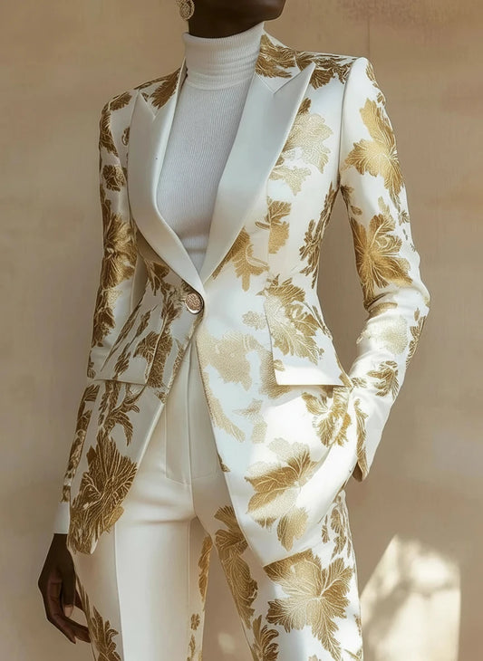 Elegant Fashion Casual Glamorous Long 2pc Blazer and Pants Suit with Exquisite gold leaf Print Design, Stylish Outerwear