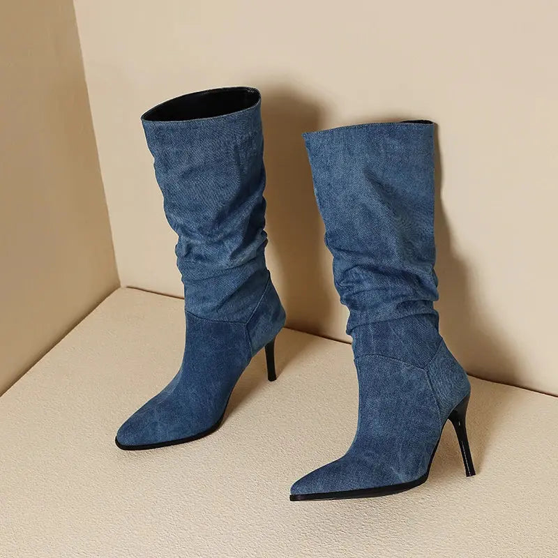 Blue Denim Knee High Cowboy Boots for Women 2025 Autumn Pleated High Heels Long Boots Woman Stiletto Heeled Jeans Botas Shoes JNi3 shop