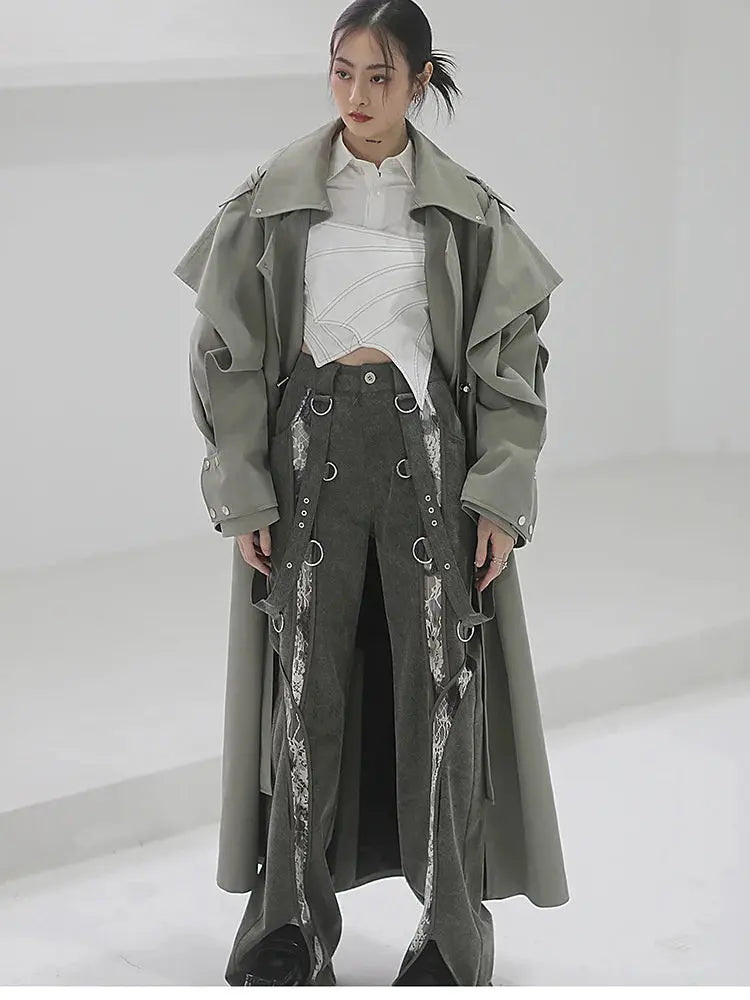 Mauroicardi Spring Long Oversized Elegant Ruffled Trench Coat for Women Double Breasted Luxury Designer Overcoat Runway Fashion JNi3 shop