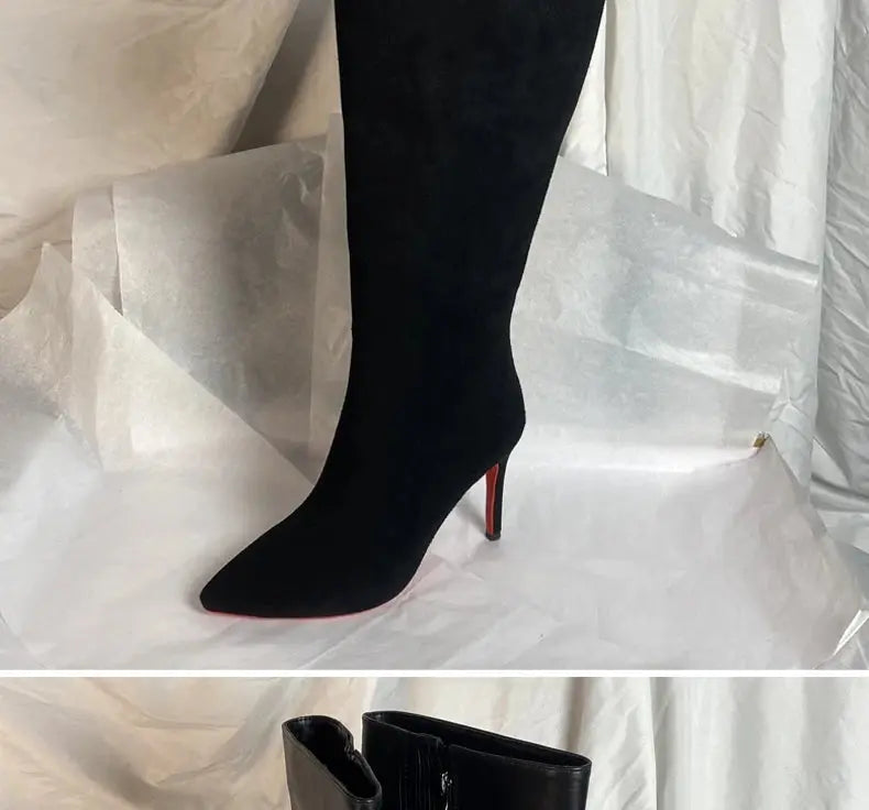 Ods Luxury Designer Sexy Pointed Toe Pole Knee High Brown Black Leather Red Sole Botas Mujer Boots For Women 8 10cm Big JNi3 shop