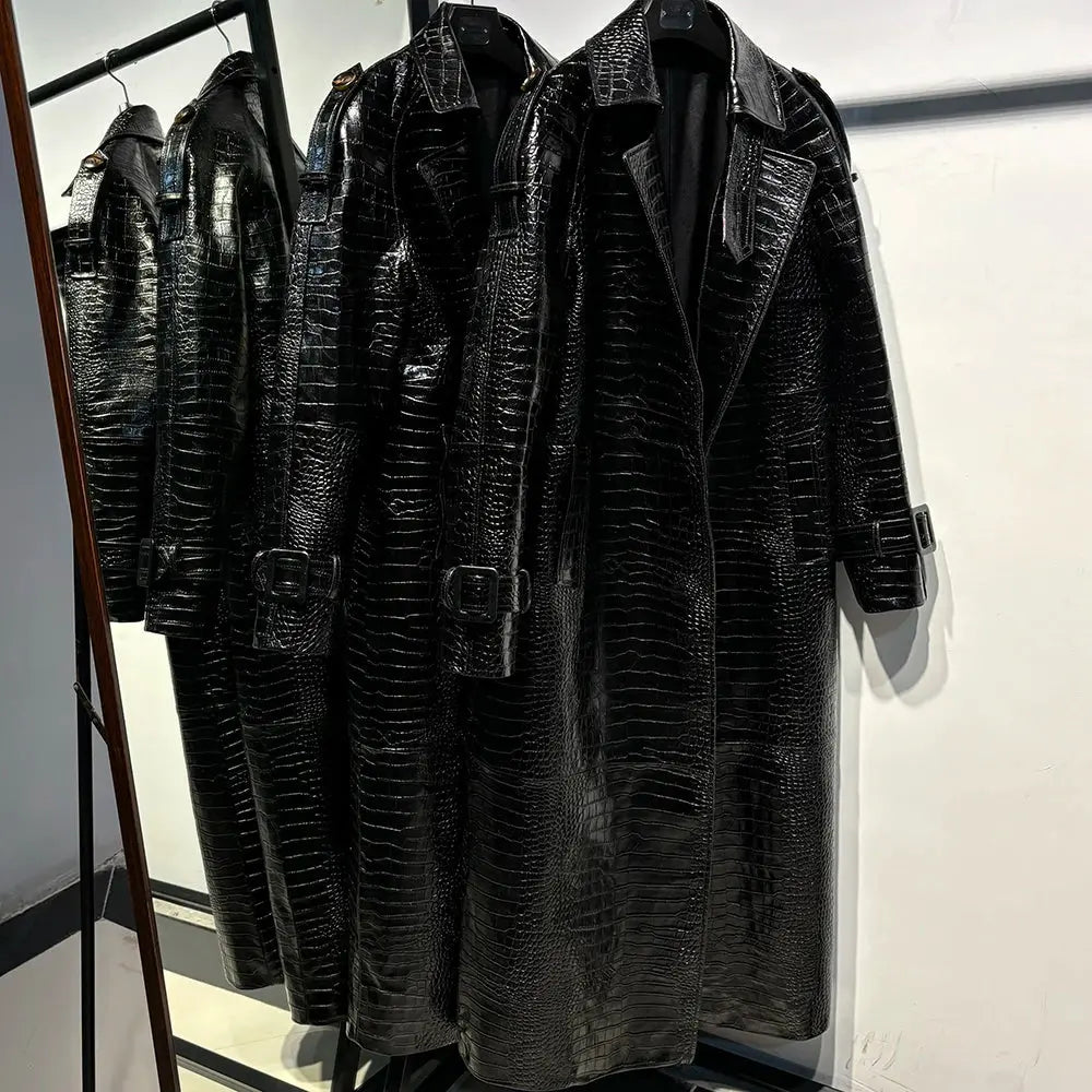 Women's Real Leather Trench Coat Long High Quality Windbreak Oversized JNi3 shop