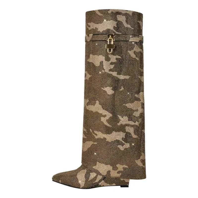 Onlymaker Women Rhinestones Knee High Boots Sexy Party Dress Wedding Shark Lock Bling Buckle Pointed Toe Boots JNi3 shop