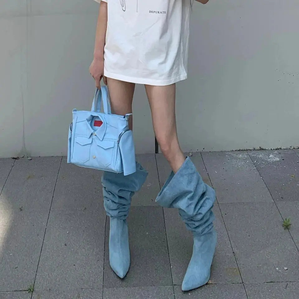 High-Top Western Cowboy Knight Boots Women's Pointed Toe arp Heel Denim Folded  Faionable Spring Summer New Sle JNi3 shop