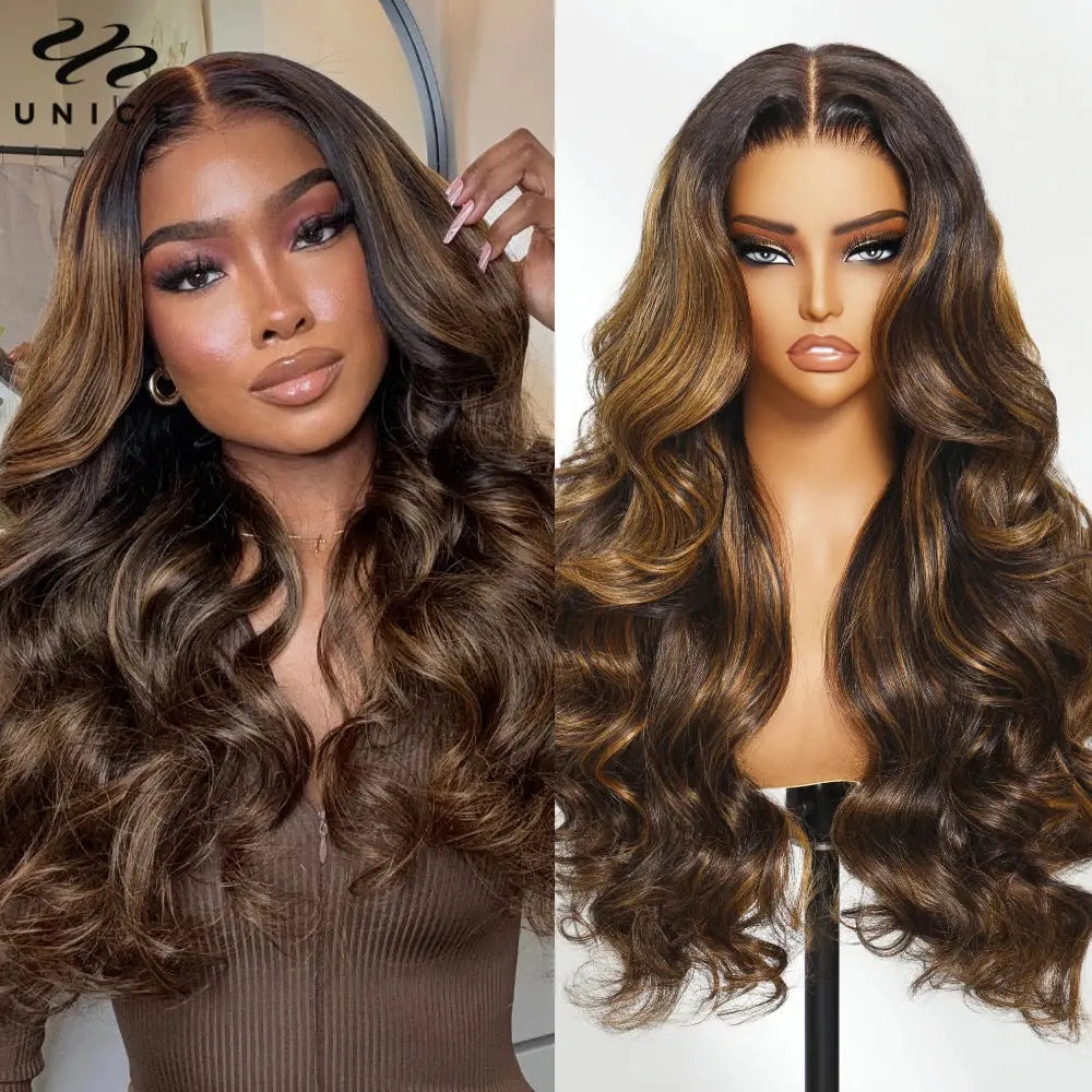 UNice Hair Drawstring Cap 13x4 Human Hair Lace Frontal Wig With Bangs FB30 Balayage Body Wave Wig Pre Everything Glueless Wigs JNi3 shop