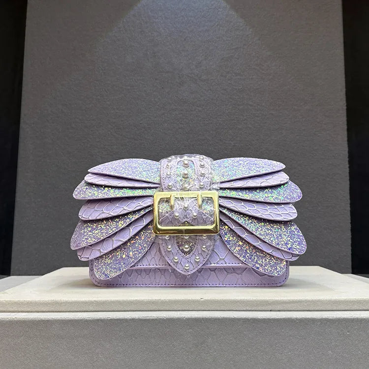 Pearl Rivets Wings Women Bag Genuine Leather Trendy Handbags Lady Small Square Shoulder Messenger Sequin Bags