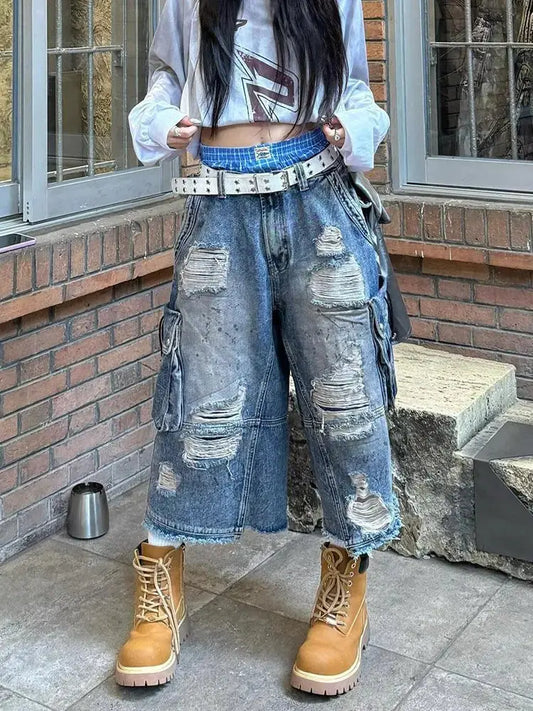 2025 American Vintage Old Baggy Slim Machete Denim Shorts Female Y2K Harajuku Hot Girl Washed Hole Denim Cropped Pants Tide JNi3 shop