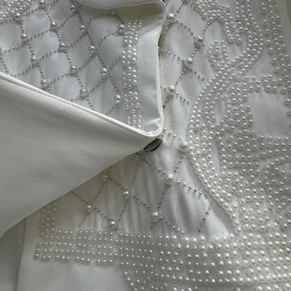 GALCAUR Solid Slimming Spliced Bead Blazer for Women Lapel Long Sleeves Patchwork Single Botton Fashion Coat Female Clothing New