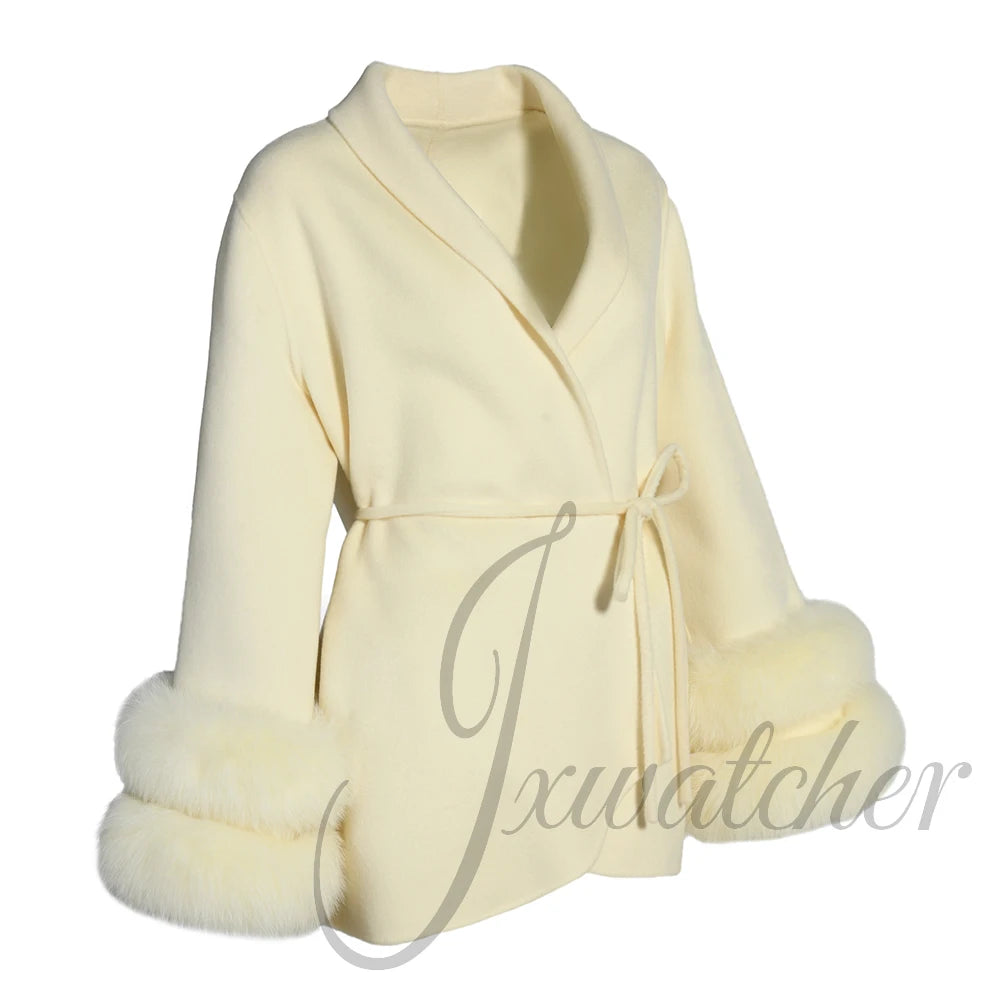 Jxwatcher Women's Wool Coats with Real Fur Cuffs Ladies Fall Fashion Wool & Blend Coats Elegant Winter Outerwear