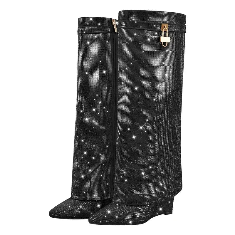 Onlymaker Women Rhinestones Knee High Boots Sexy Party Dress Wedding Shark Lock Bling Buckle Pointed Toe Boots JNi3 shop