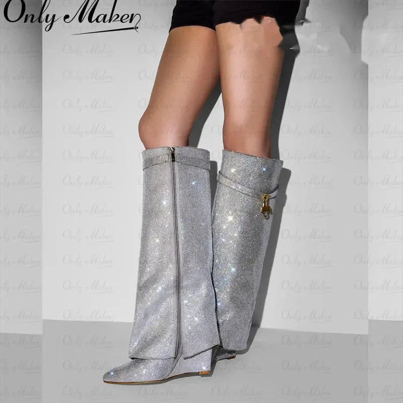 Onlymaker Women Rhinestones Knee High Boots Sexy Party Dress Wedding Shark Lock Bling Buckle Pointed Toe Boots JNi3 shop